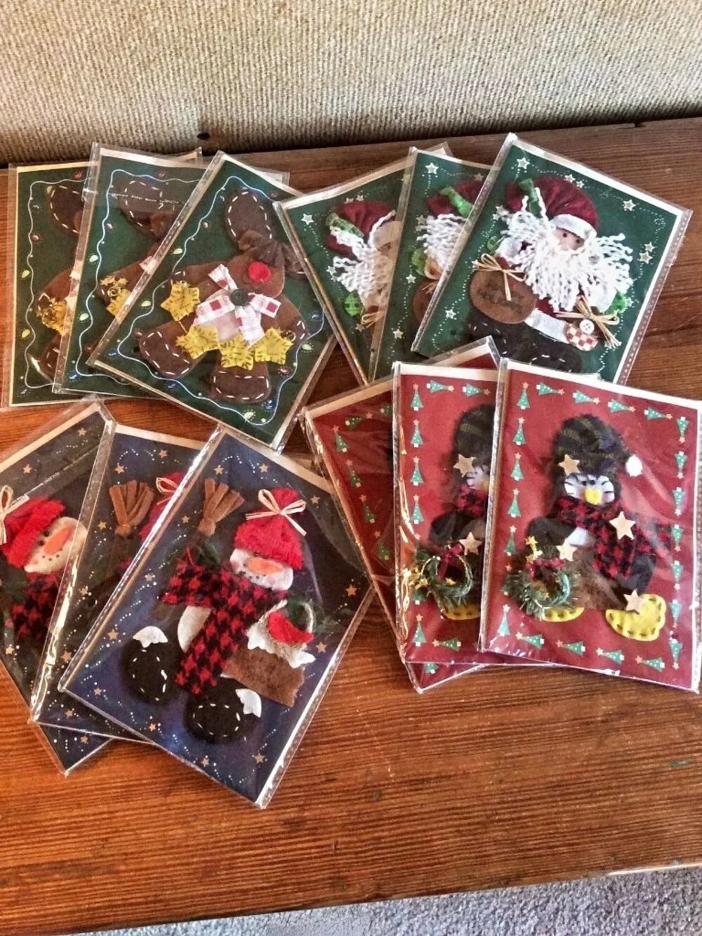 Handmade Felt Christmas Cards Set 12 Santa Snowman Penguin Reindeer w/Envs